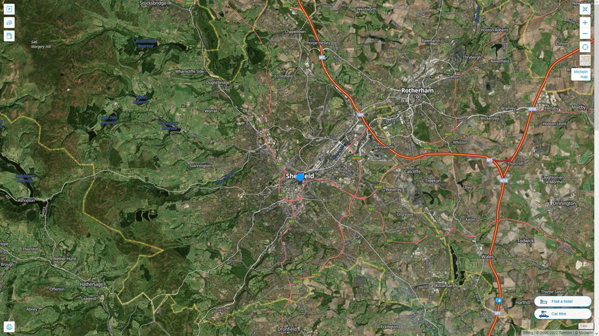 Sheffield Royaume Uni Autoroute et carte routiere avec vue satellite